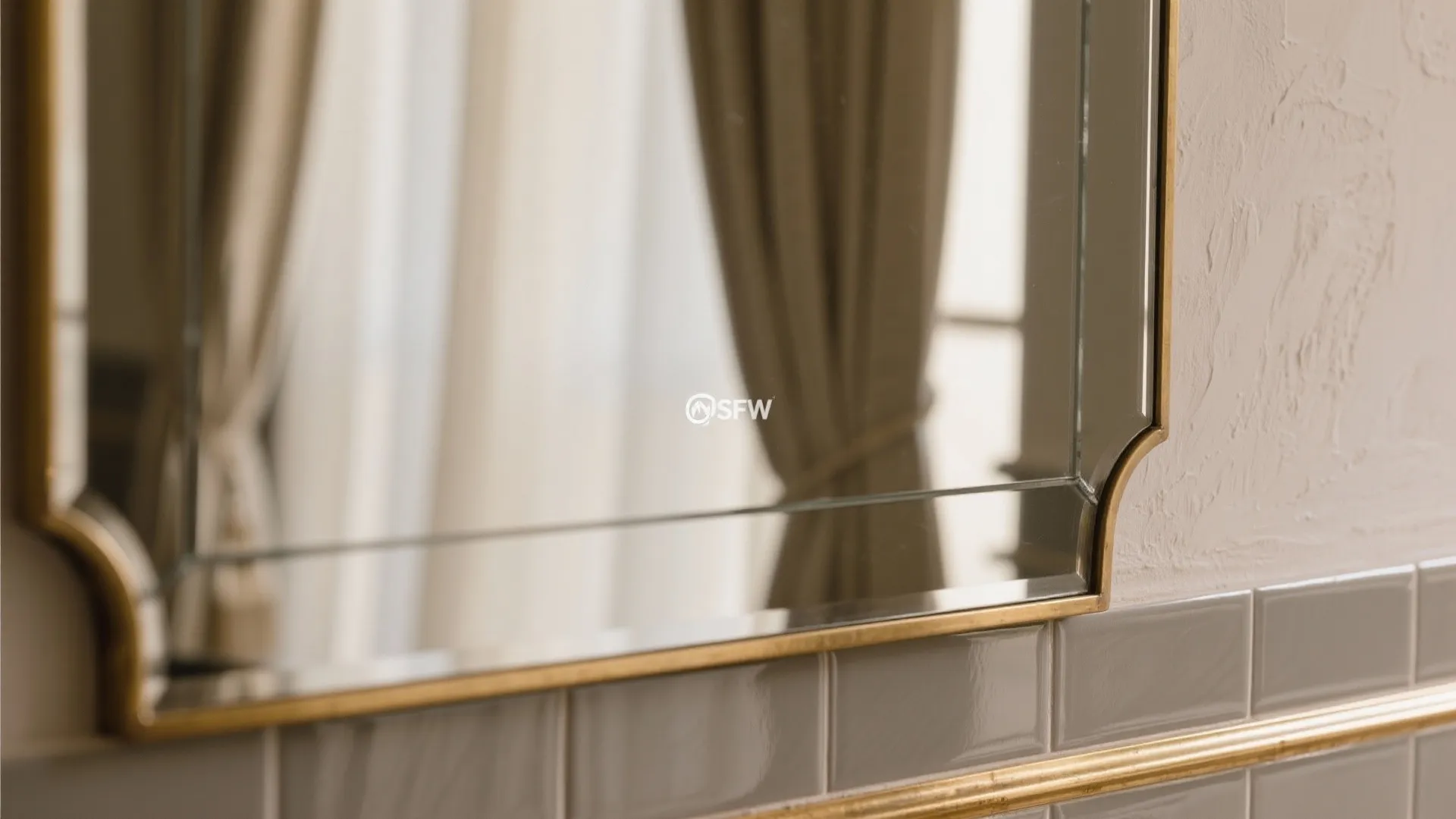 Close up of a gold framed wall mirror reflecting neutral colored curtains in a bright room