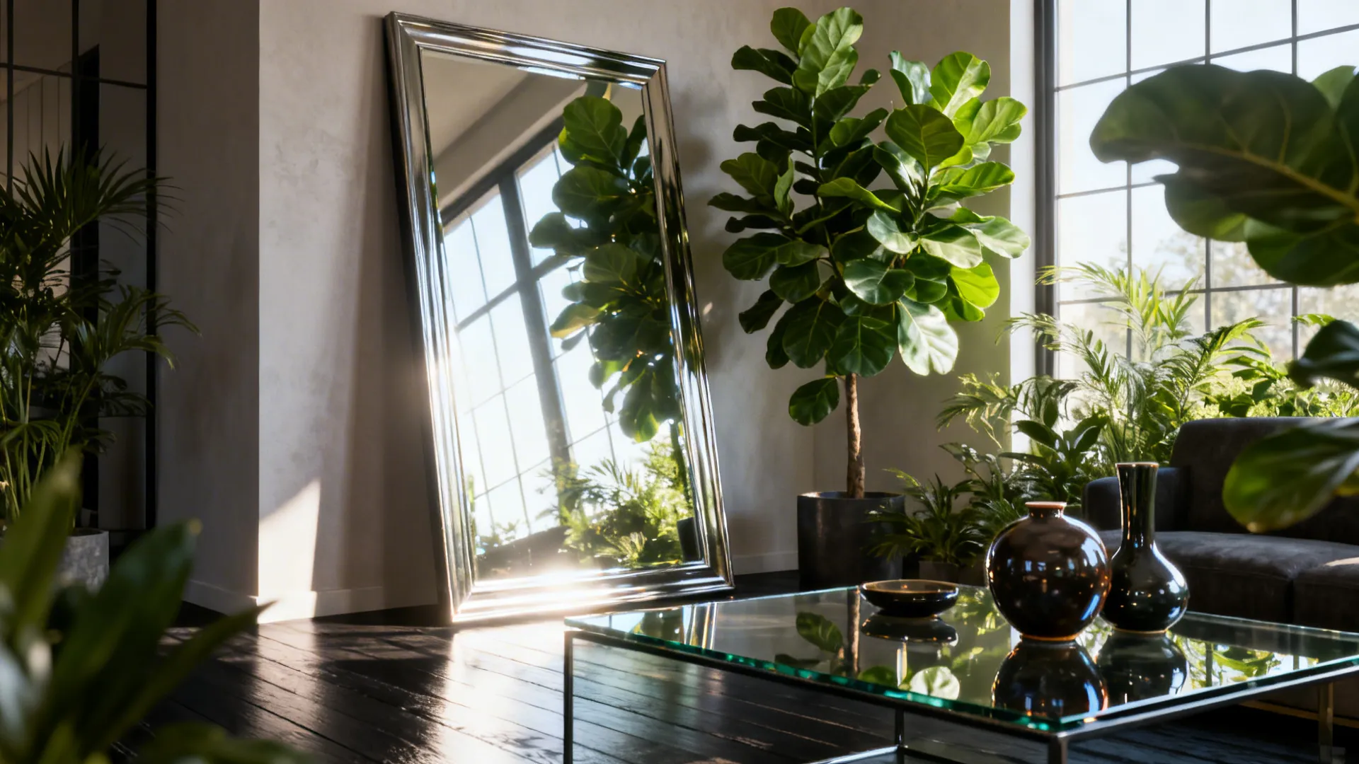Mirror, glass table, and fiddle leaf fig brighten a room with dark floors.