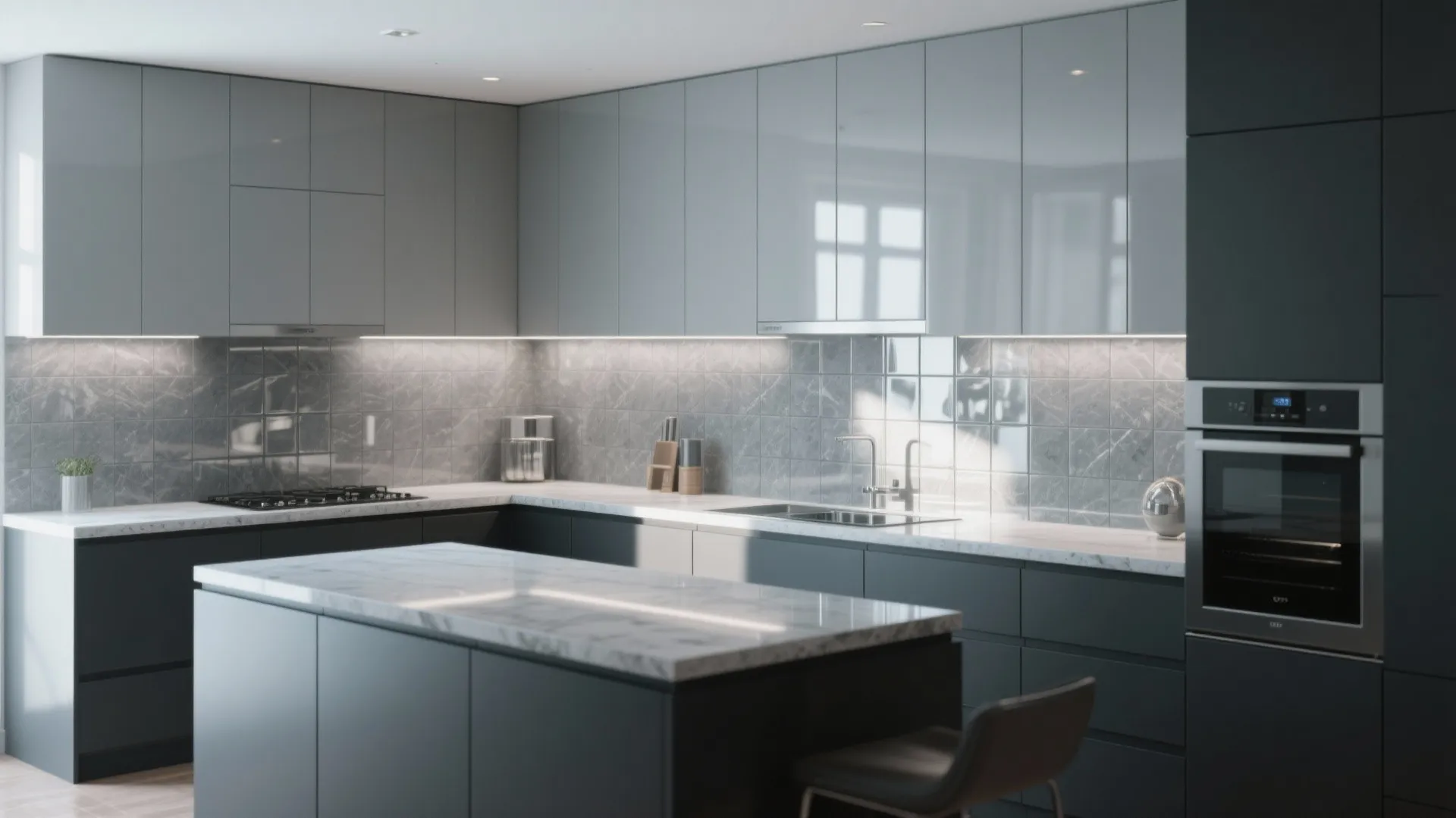 Modern grey kitchen with glossy cabinets marble countertops built in oven and large kitchen island