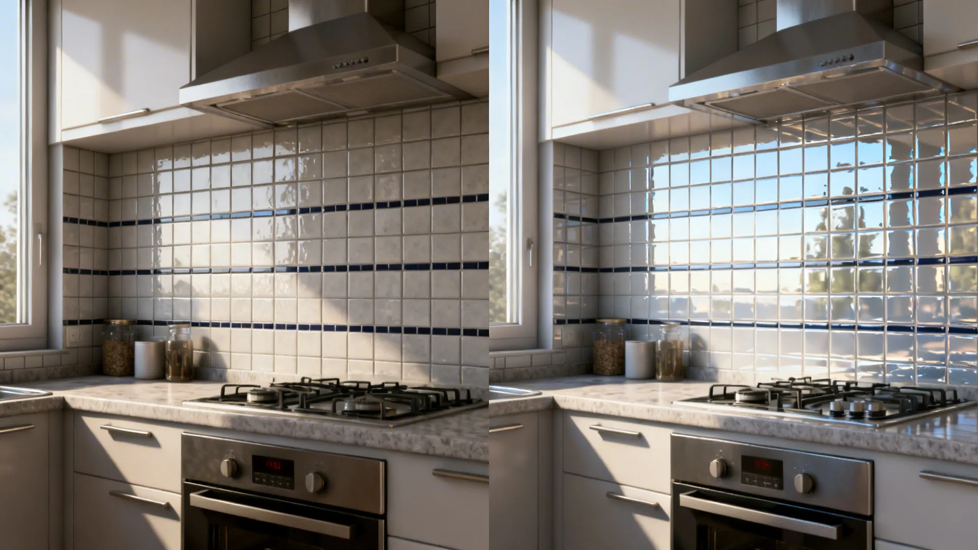 Before-and-after view showing matte tile with contrasting grout vs glossy reflective backsplash with matched grout.