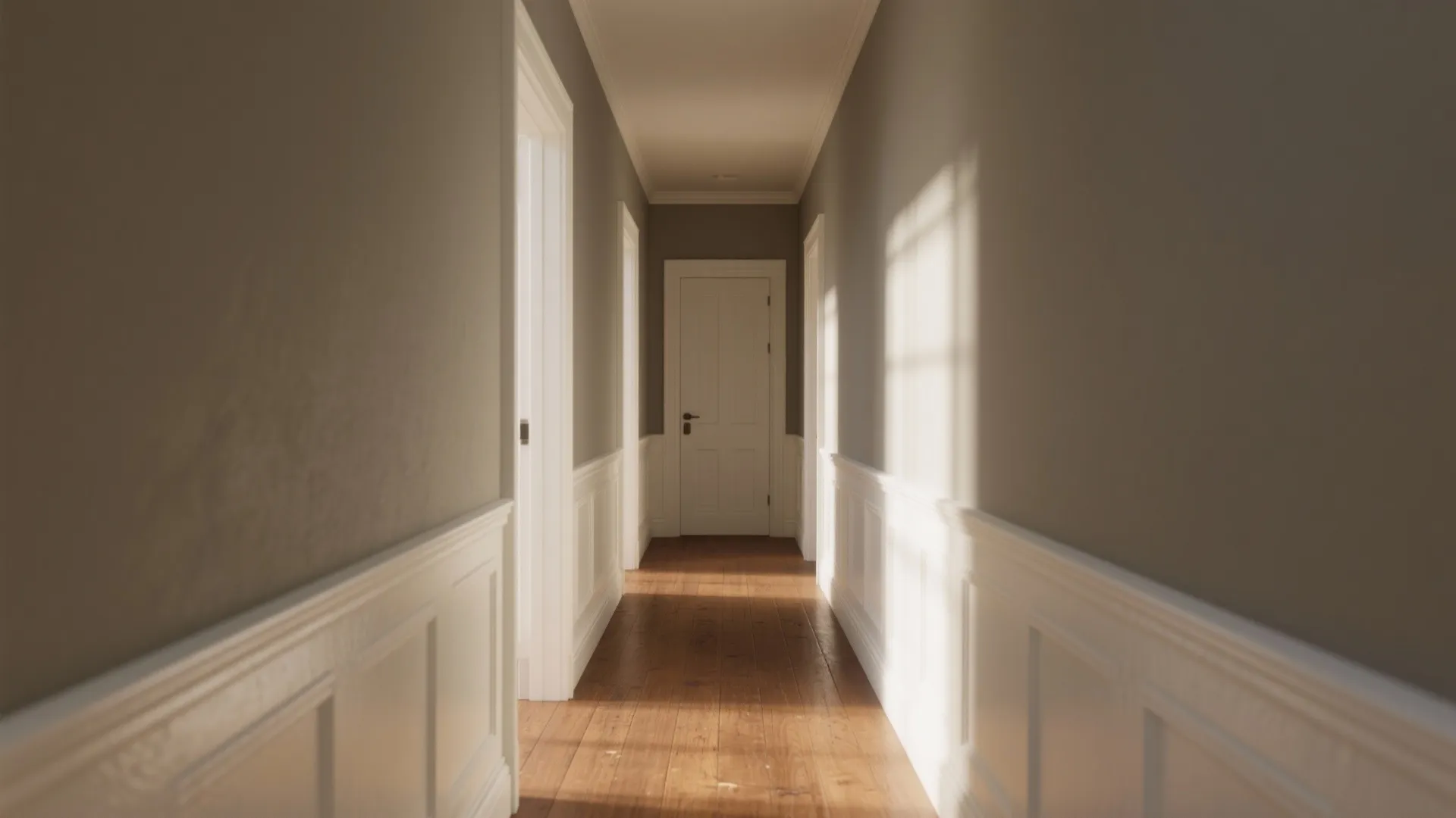 Long narrow hallway with grey walls white wall panel wooden floor and white door end