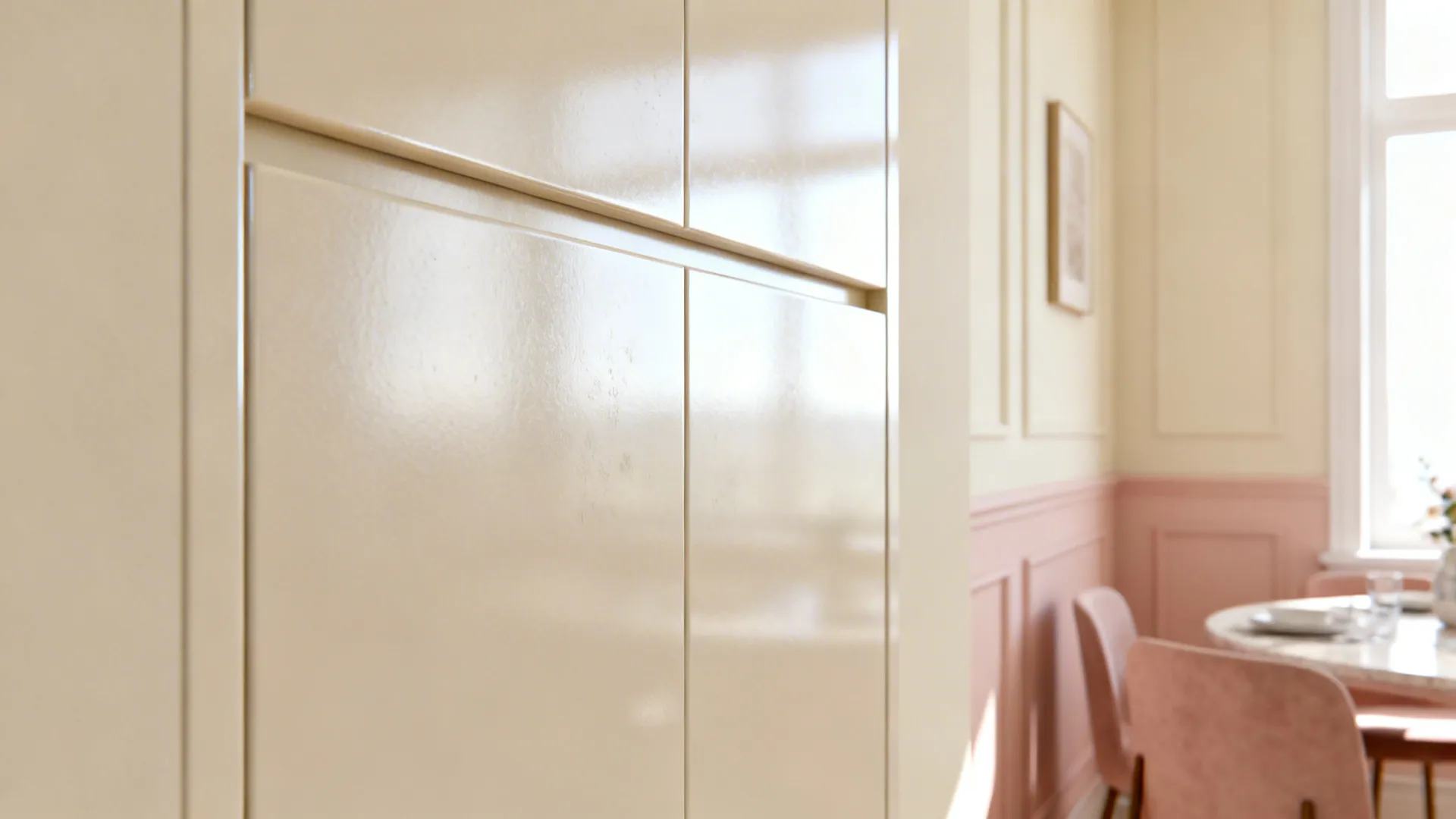 Detail of pale cream walls and a satin-finish cabinet face reflecting daylight in a small dining room