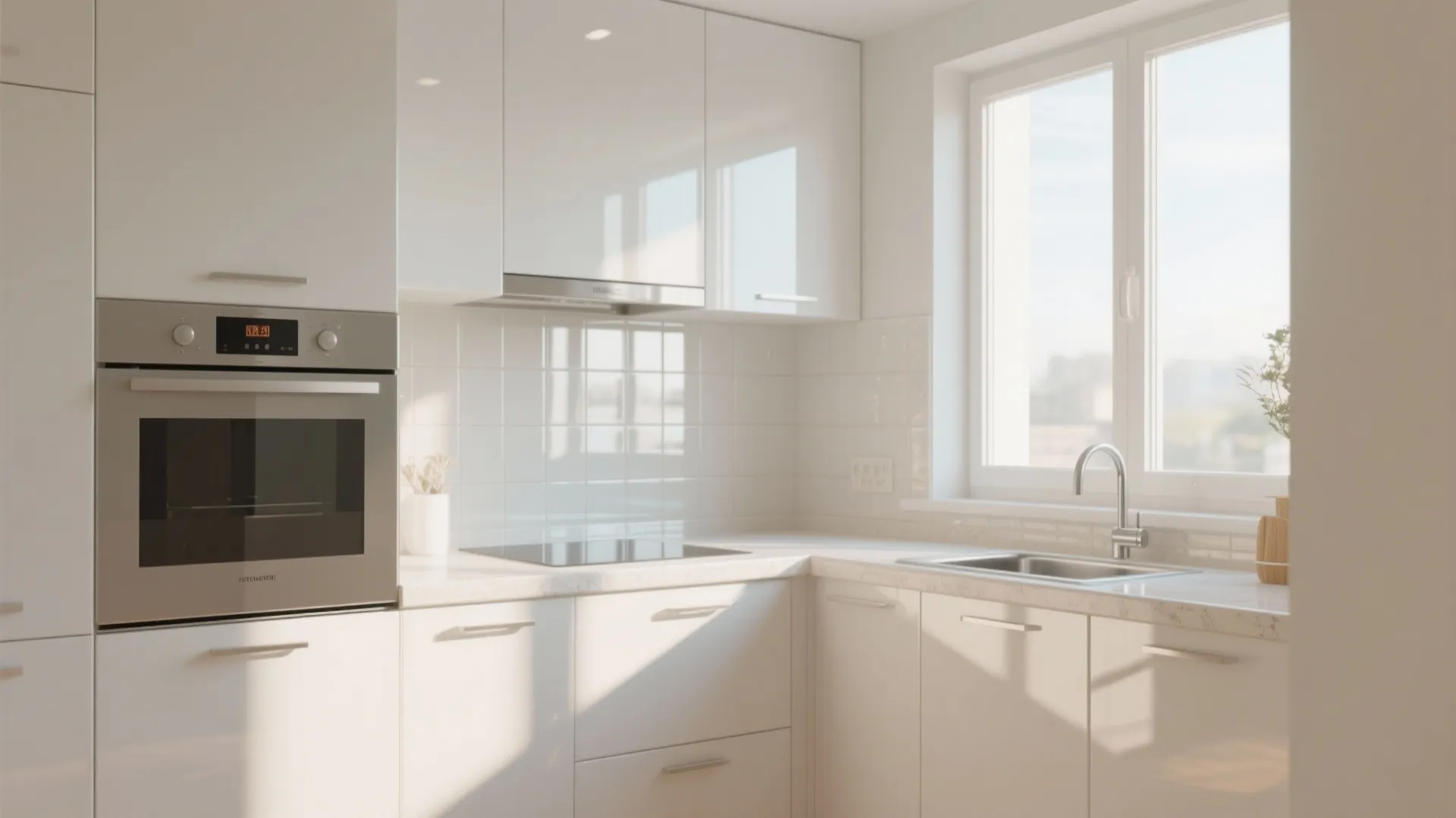Modern white kitchen interior with glossy cabinets oven stove sink window and bright natural sunlight