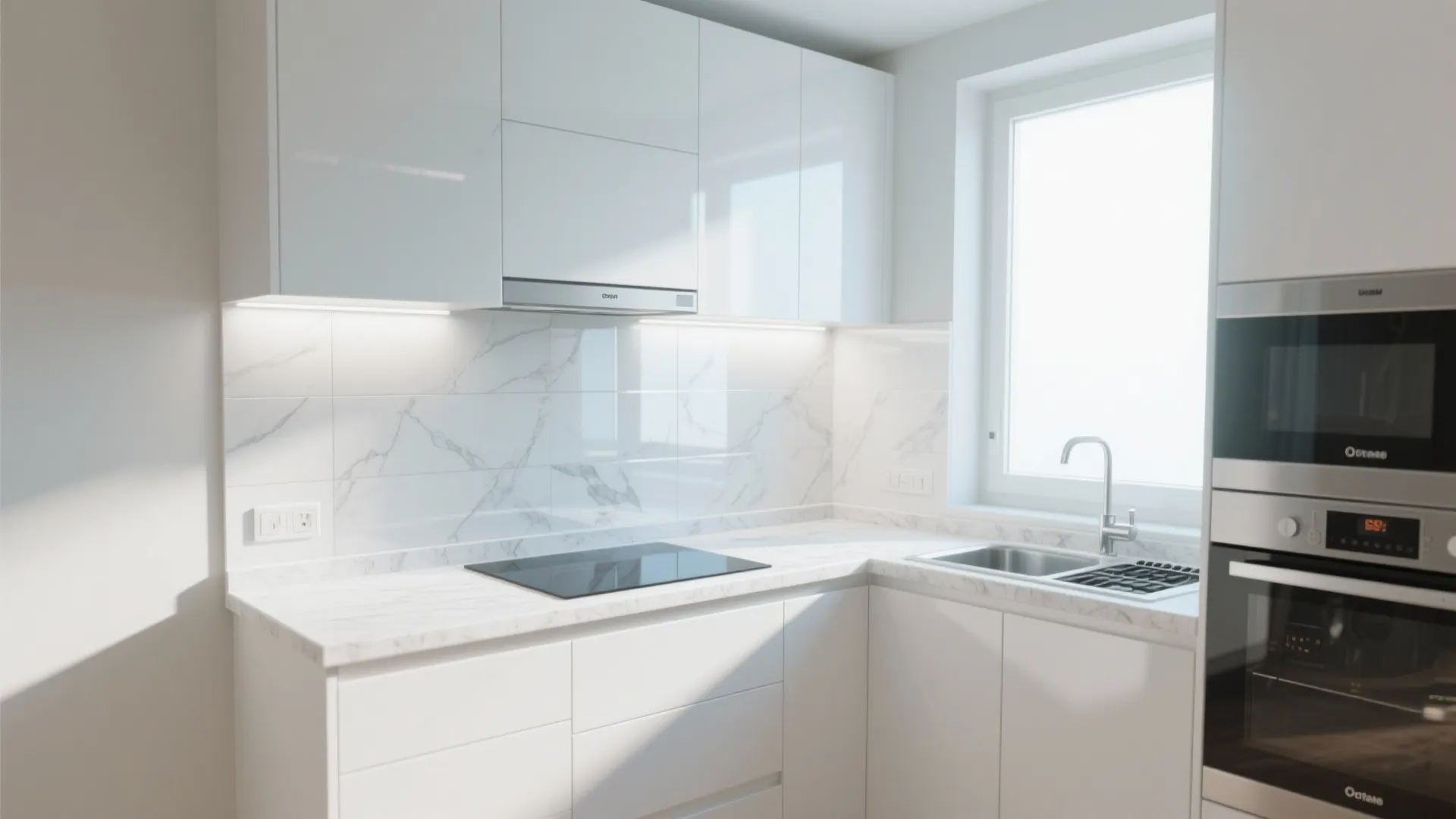 Bright white kitchen with marble backsplash white cabinets glass stove top sink and large window