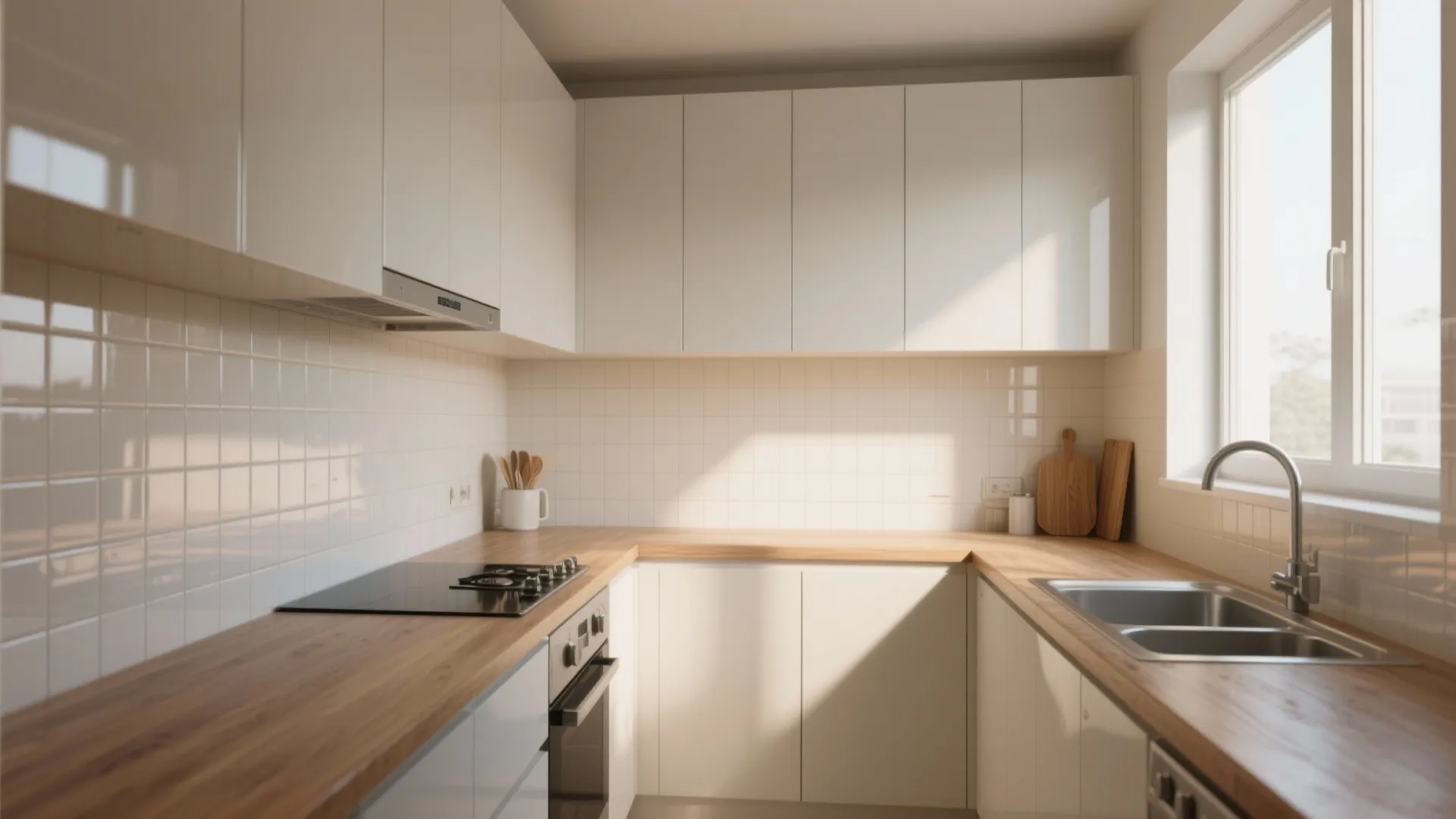 Modern kitchen featuring white cabinets wooden countertops silver sink black stove and bright natural sunlight window