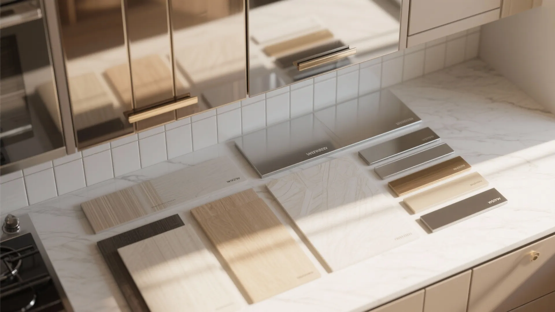 Sample boards of marble wood and metal finishes displayed on a marble kitchen countertop surface