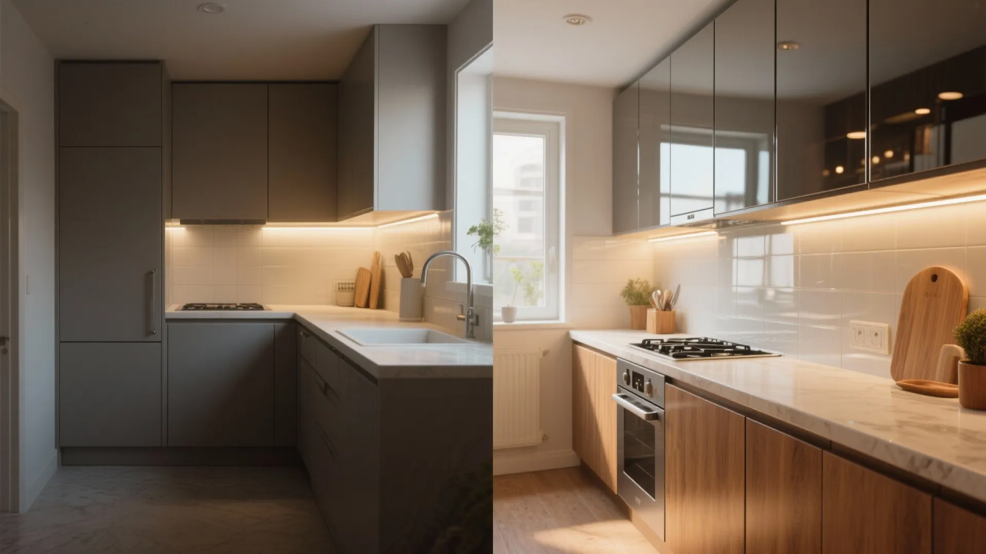 Modern kitchen with white countertops and bright light reflecting off cabinets and smooth wall tiles