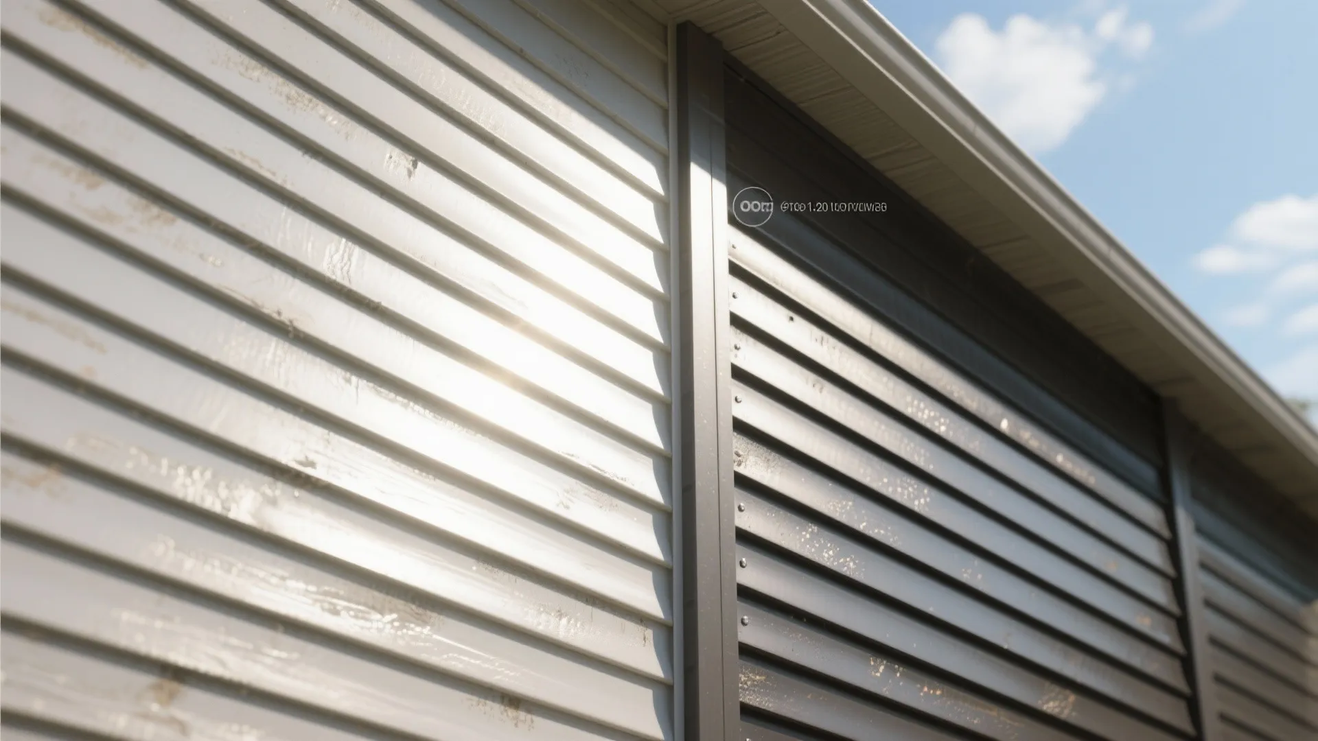 Bright sunlight reflecting on white and dark wall siding under a roof on sunny day