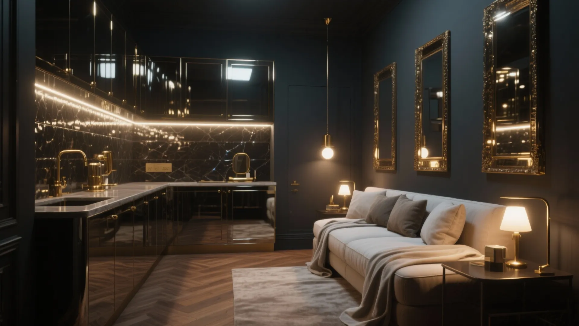 Small room with glossy cabinetry, mirrored frames, polished brass and layered warm lighting to amplify light.