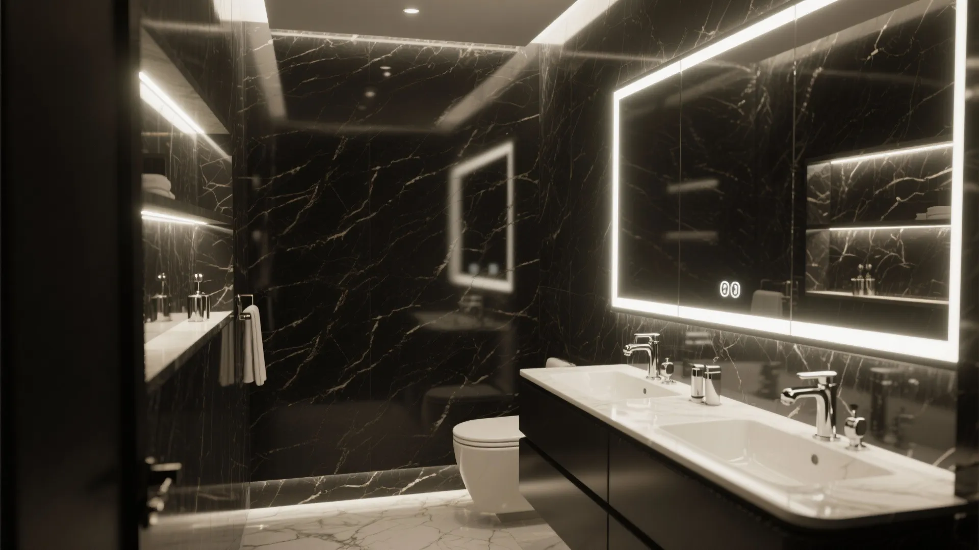 Modern bathroom with black marble walls double sink cabinet glowing mirror and a white toilet