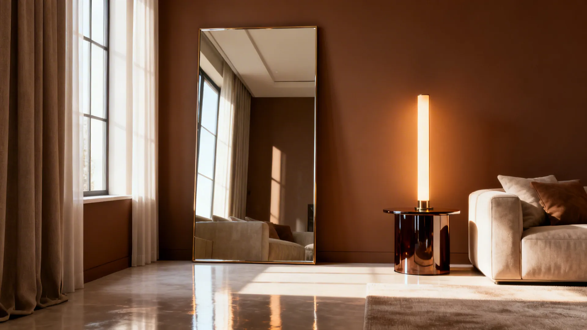 Brown living room brightened by a large mirror, glossy table and layered warm lighting