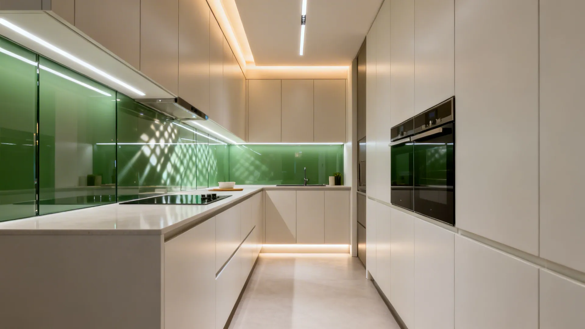 Layered kitchen lighting with under-cabinet LEDs and a reflective glass backsplash enhancing depth in a small galley.