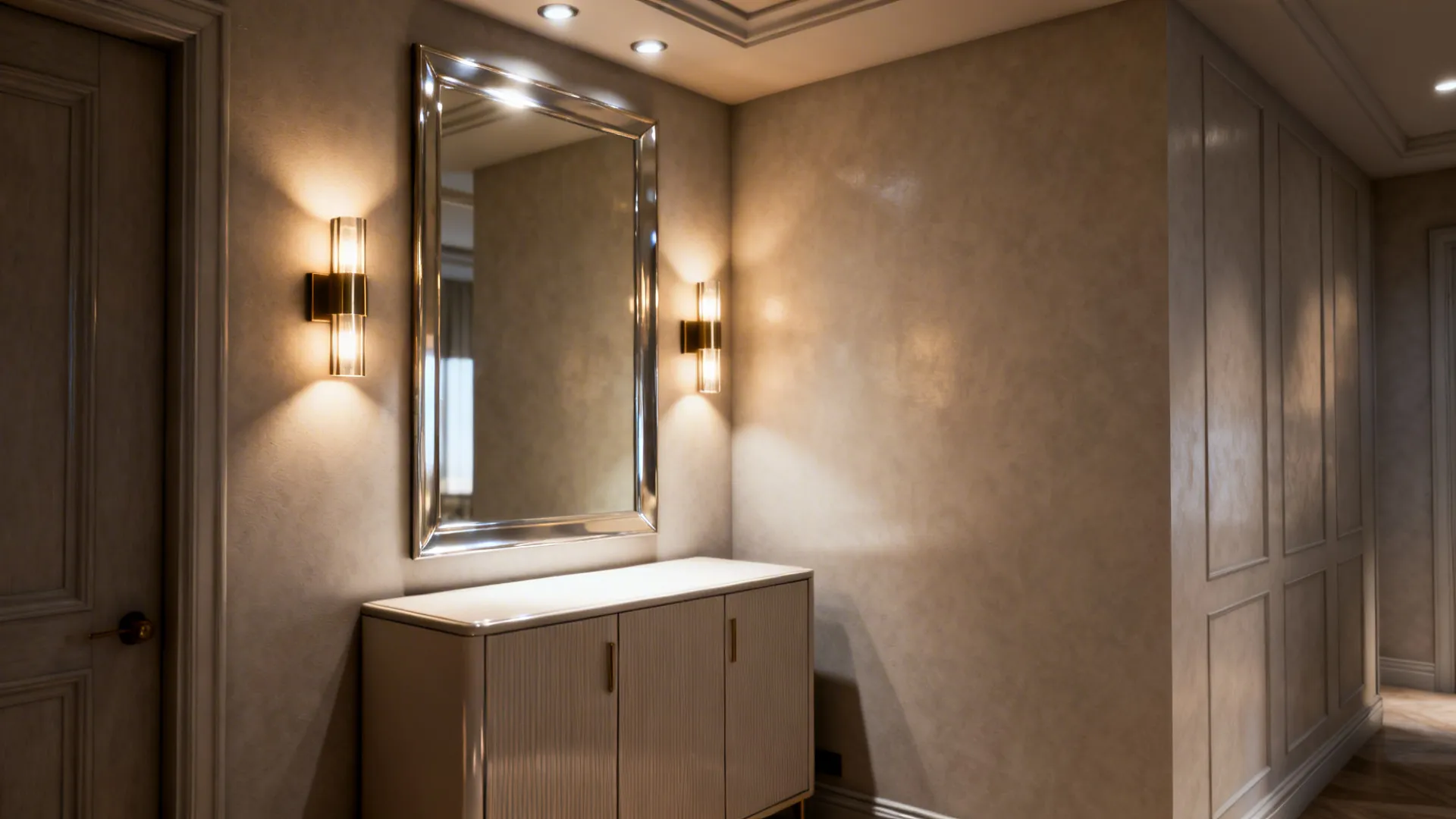 Satin cabinet and mirror with layered lighting brightening a small space