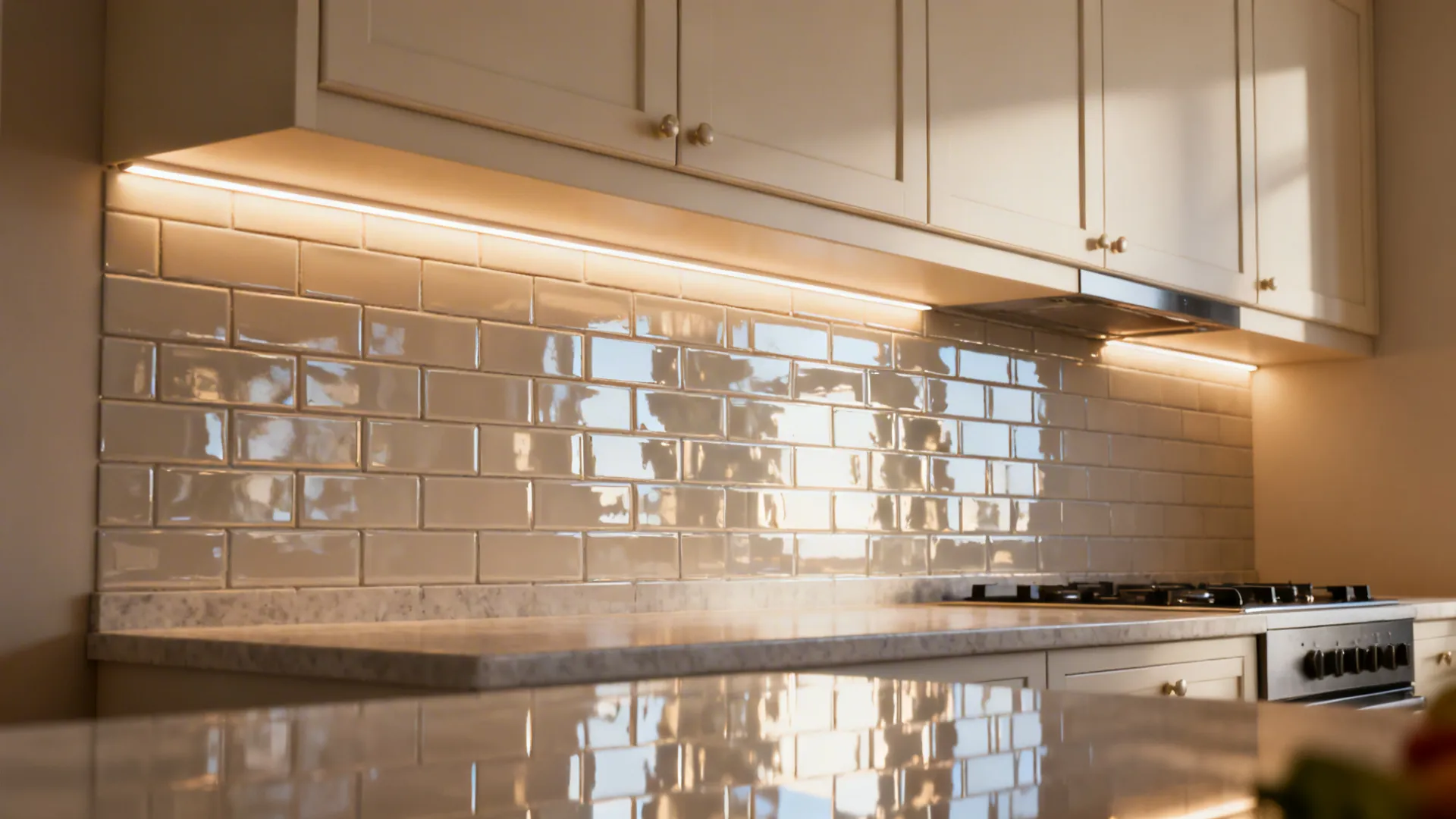 Glossy backsplash and layered lighting creating depth and brightness in a small kitchen