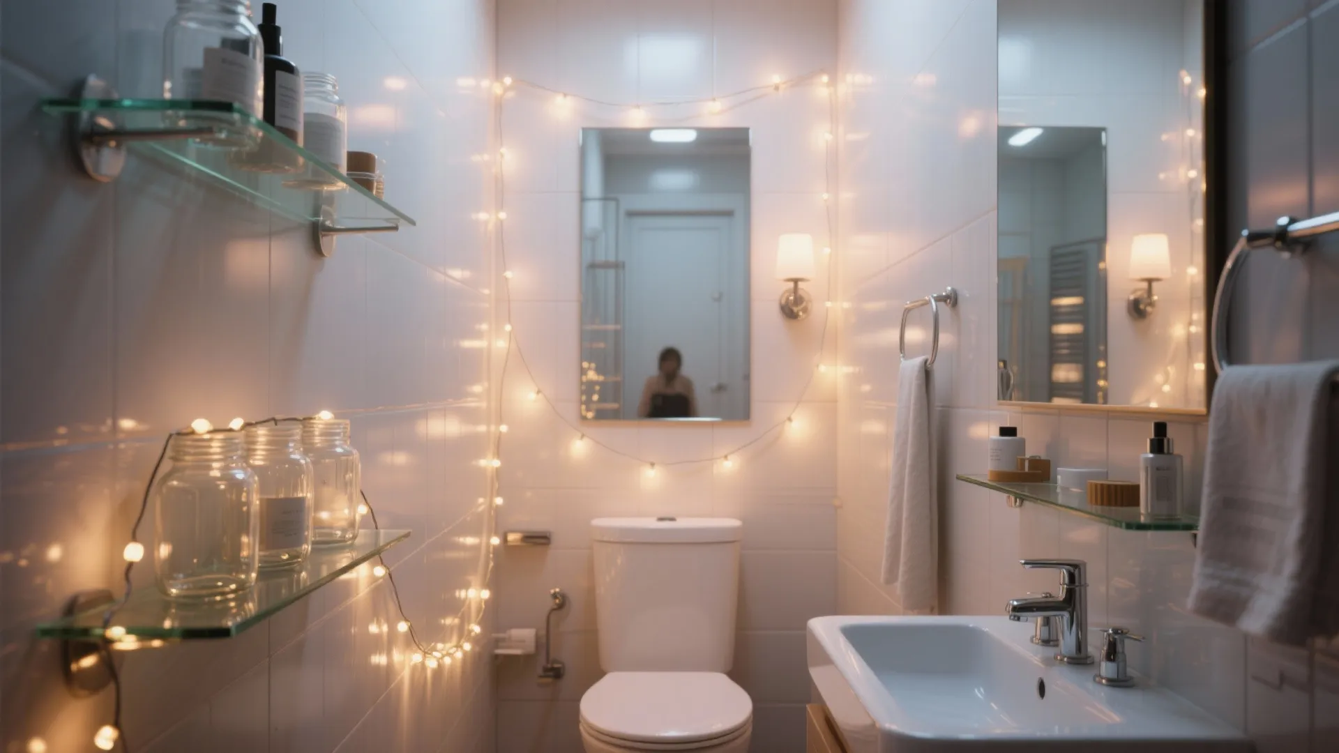 Small white bathroom with string lights glass shelves mirror toilet sink and warm cozy atmosphere