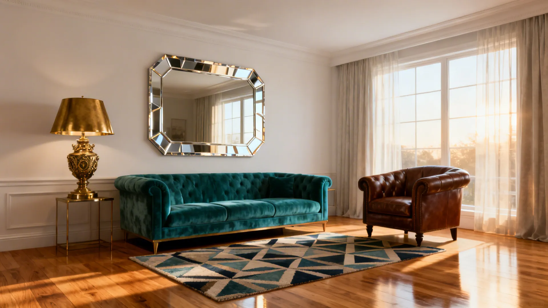 Elegant living room featuring green velvet sofa brown leather chair wall mirror and large window