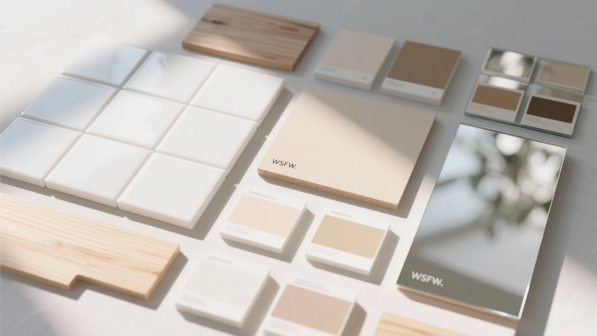 Mood board with white tiles, wood samples, beige color swatches, and small reflective mirror pieces
