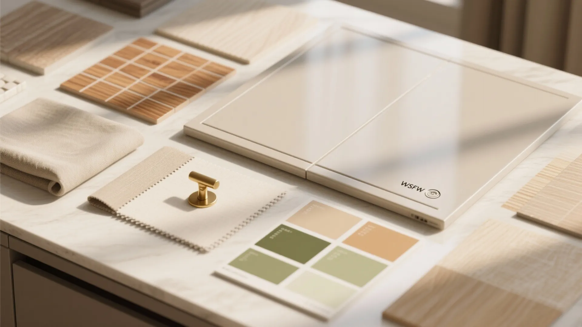 Flatlay of semi-gloss cabinetry, large tile, wood veneer and hardware samples for small-space design.
