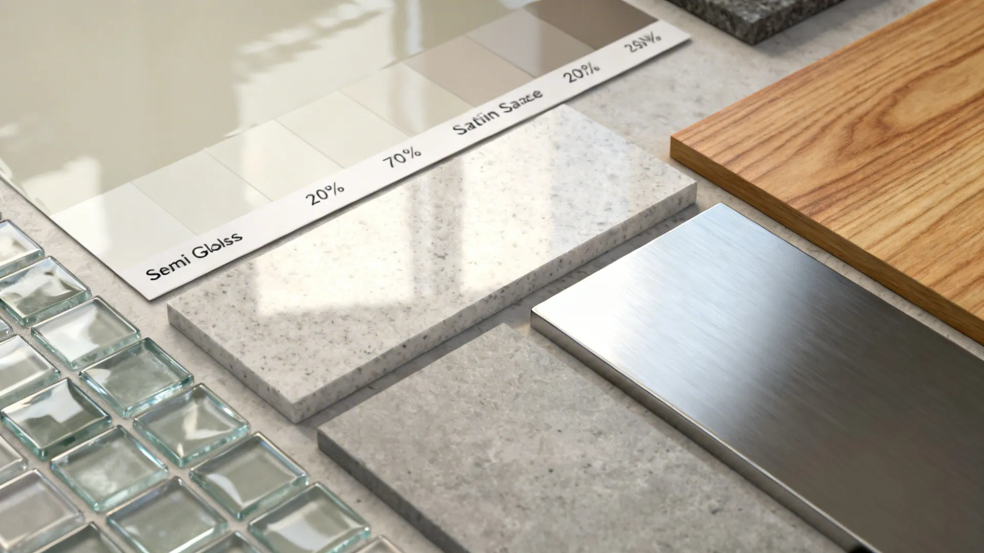 Flatlay of semi-gloss paint, glass tiles, satin quartz, brushed metal, and warm wood showing subtle reflectance.