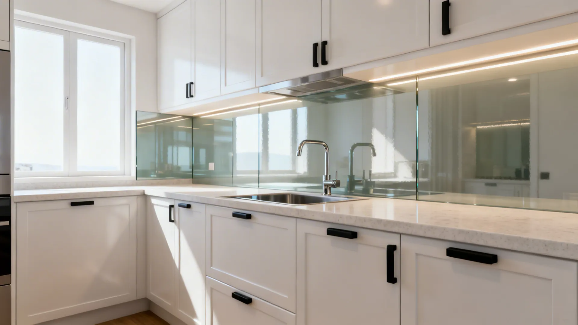 Satin white cabinets and glass backsplash reflecting light in a compact kitchen.