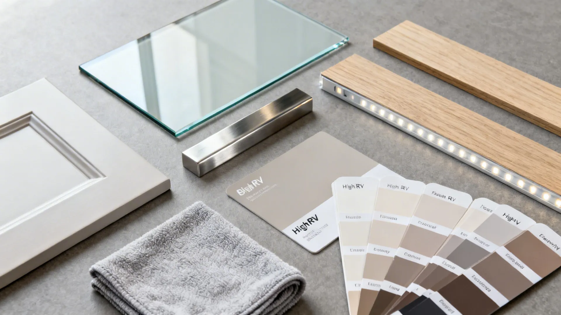 Top-down flat lay of glass backsplash, gloss door chip, high-LRV paint swatches, oak veneer, and LED diffuser.