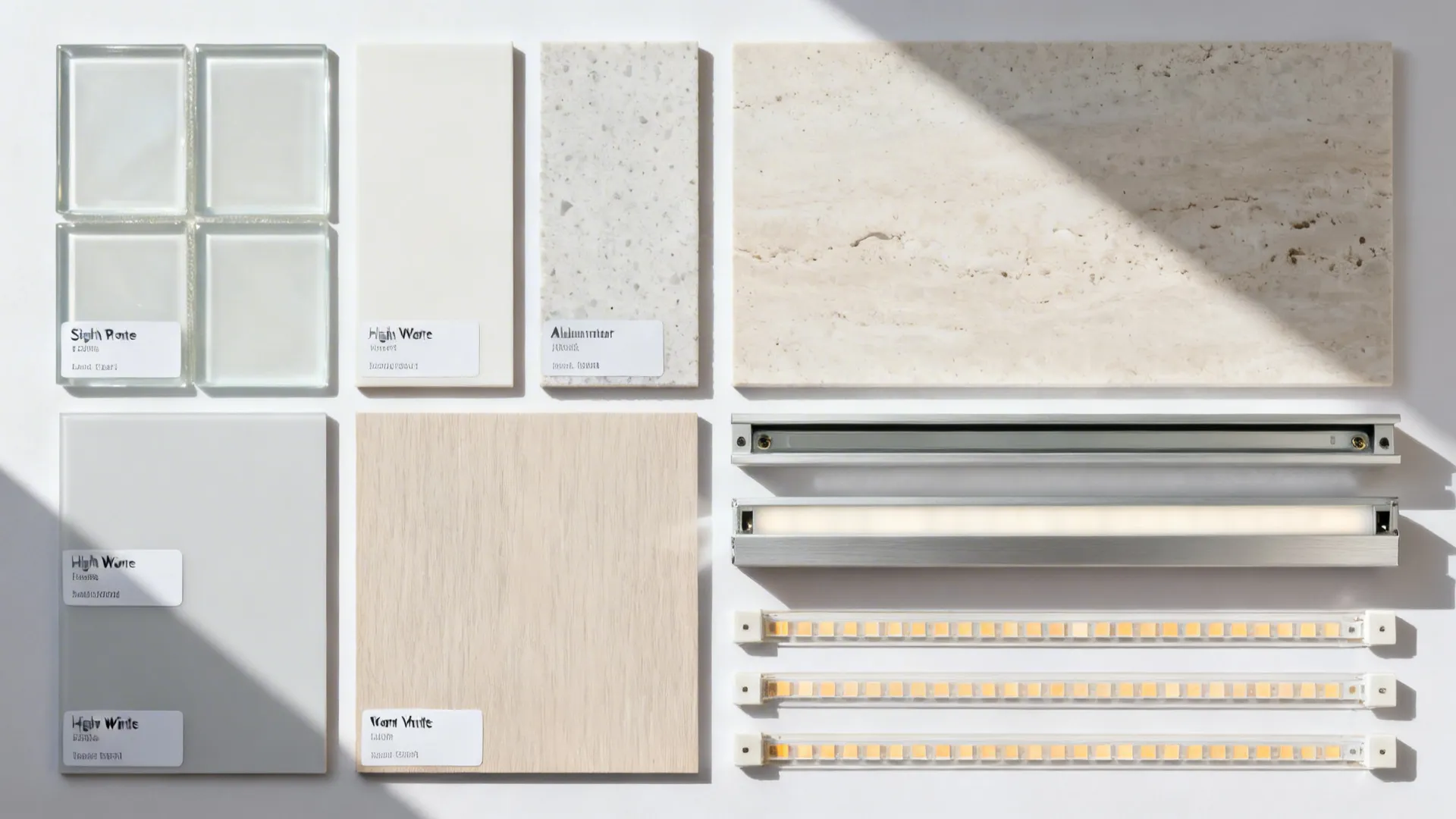 Flat lay of satin glass, pale quartz, neutral laminates, and LED diffuser channels for light-rich small kitchens.