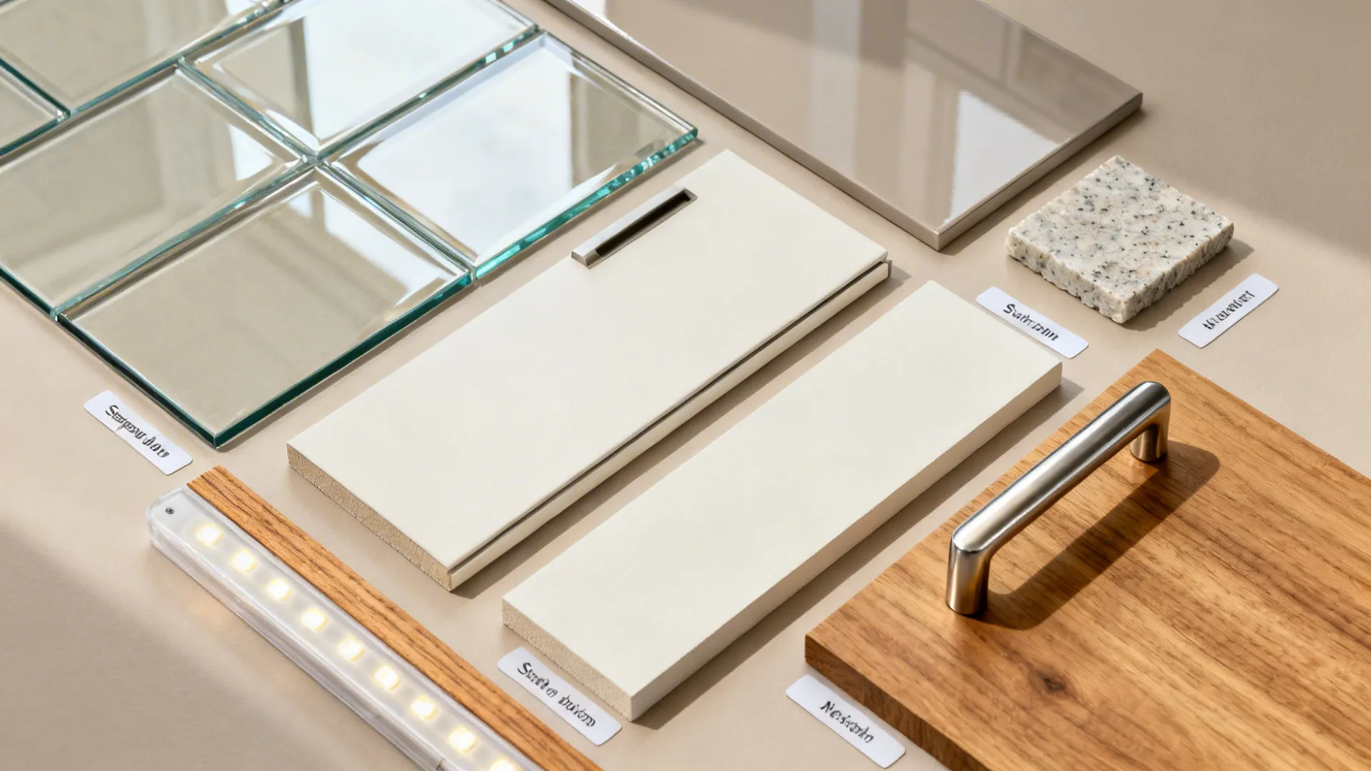 Flat lay of glass, satin lacquer, oak veneer, quartz, and LED diffuser materials.
