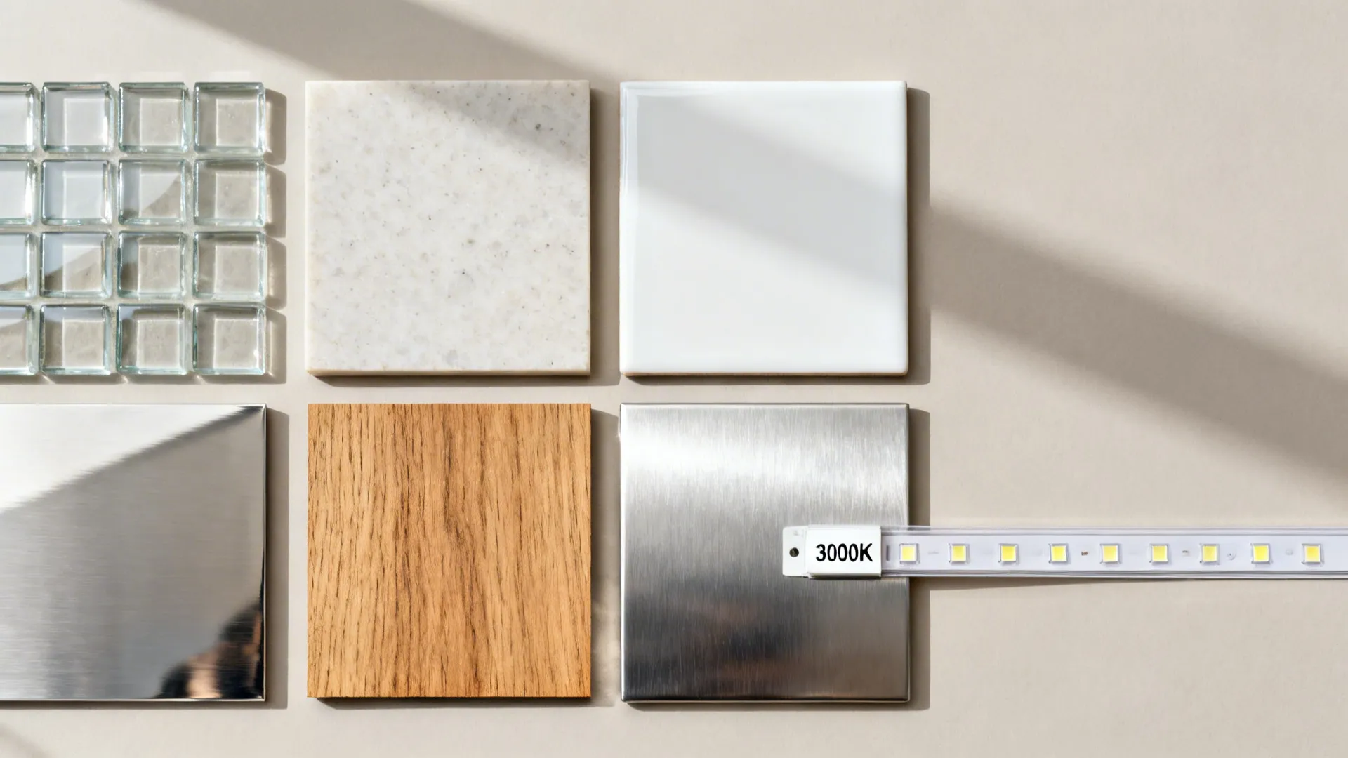 Flatlay of low-iron glass, pale quartz, mid-gloss ceramic, stainless, and oak veneer.