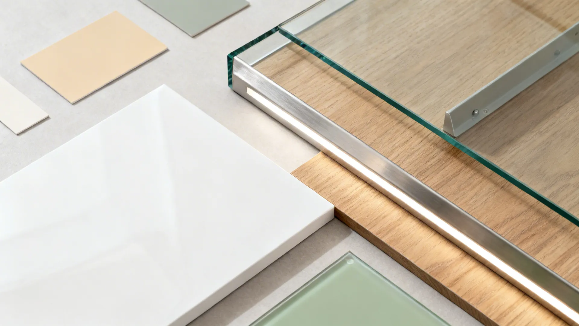 Flat lay of kitchen materials: low-iron glass, glossy laminate, oak veneer, stainless steel, and neutral paint chips.