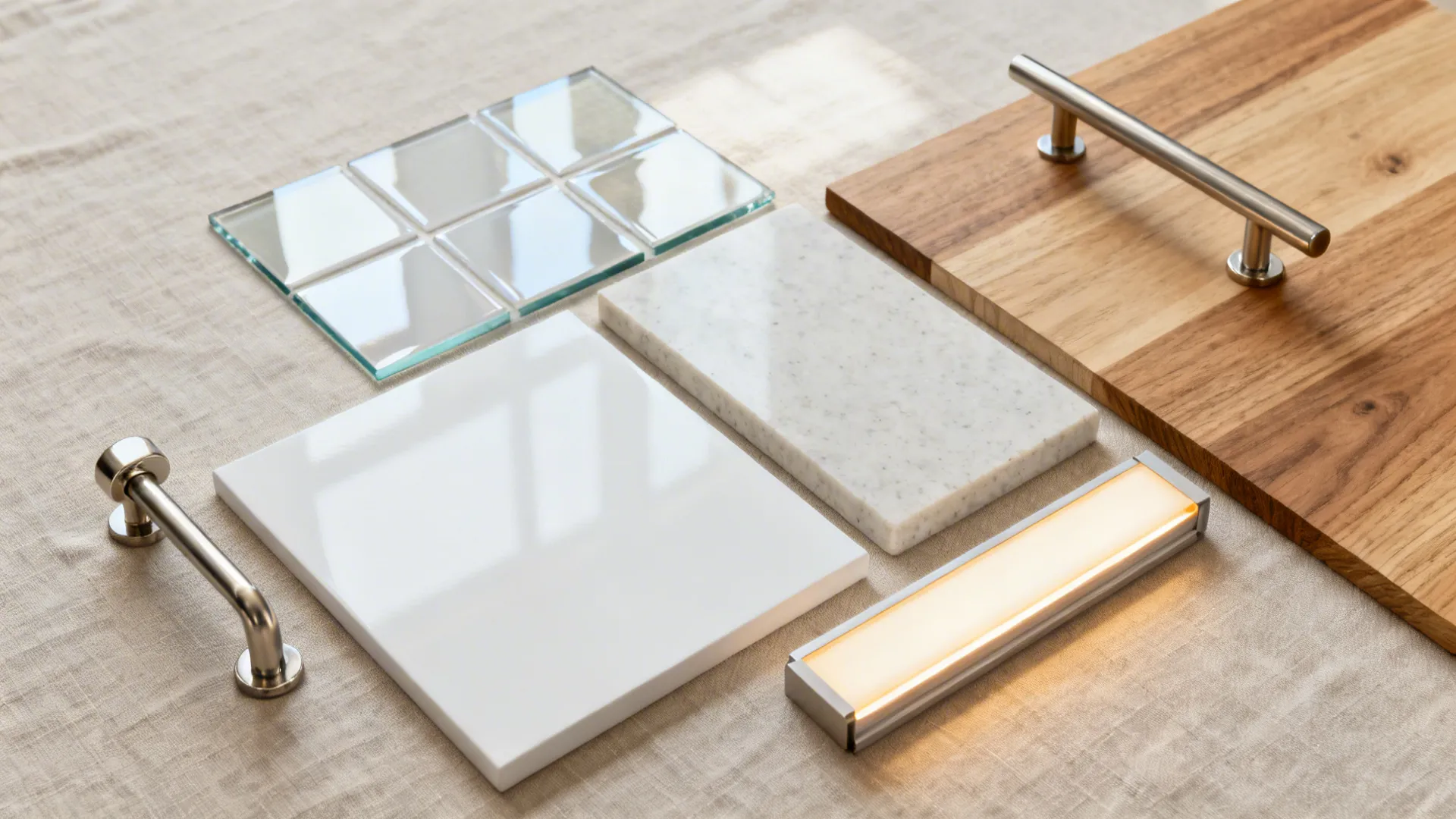 Top-down material board with glass backsplash, quartz, matte white, oak veneer, and LED strip.