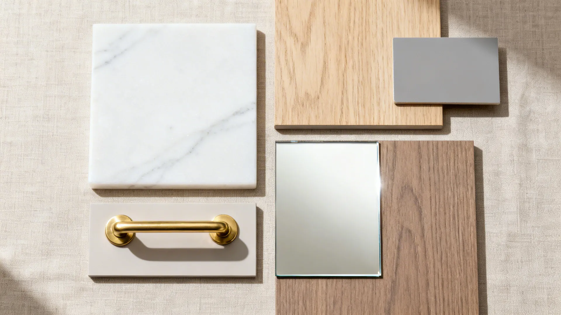 Interior design material board featuring white marble wood samples gold handle mirror and grey tile