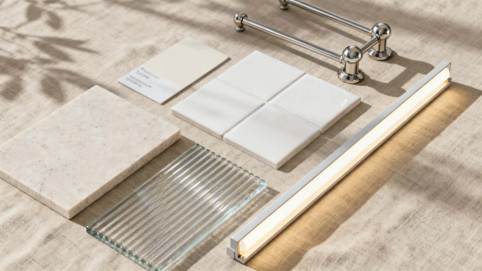 Flat lay of pale quartz, satin white tiles, brushed nickel, ribbed glass, and warm LED for light amplification.
