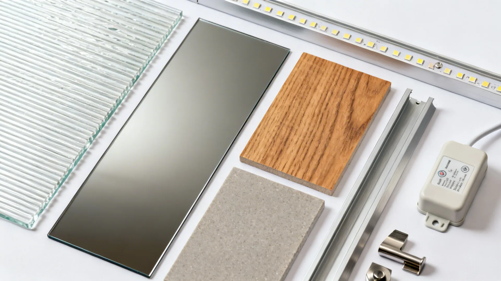 Top-down material flat lay with ribbed glass, smoked mirror, wood veneer, quartz, and LED profile.