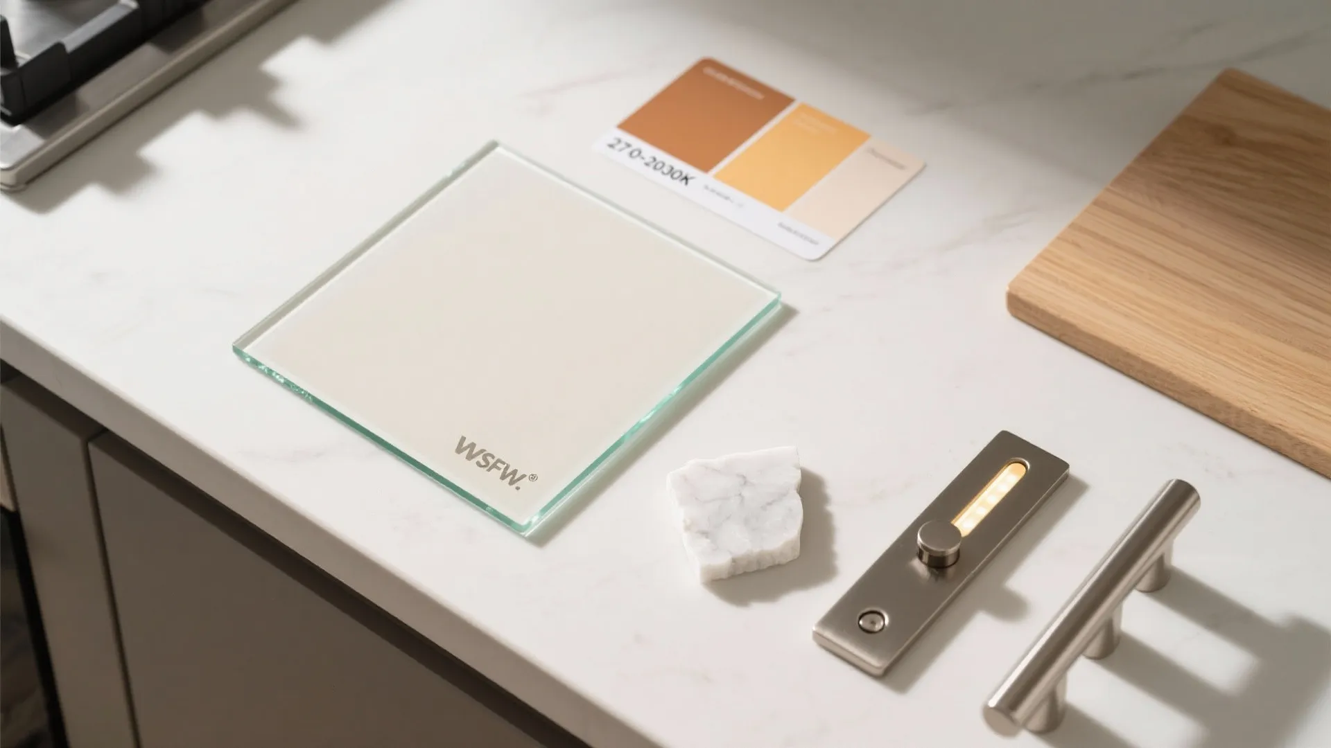 Interior design material samples including glass tile, marble piece, color swatches, and metal light switch