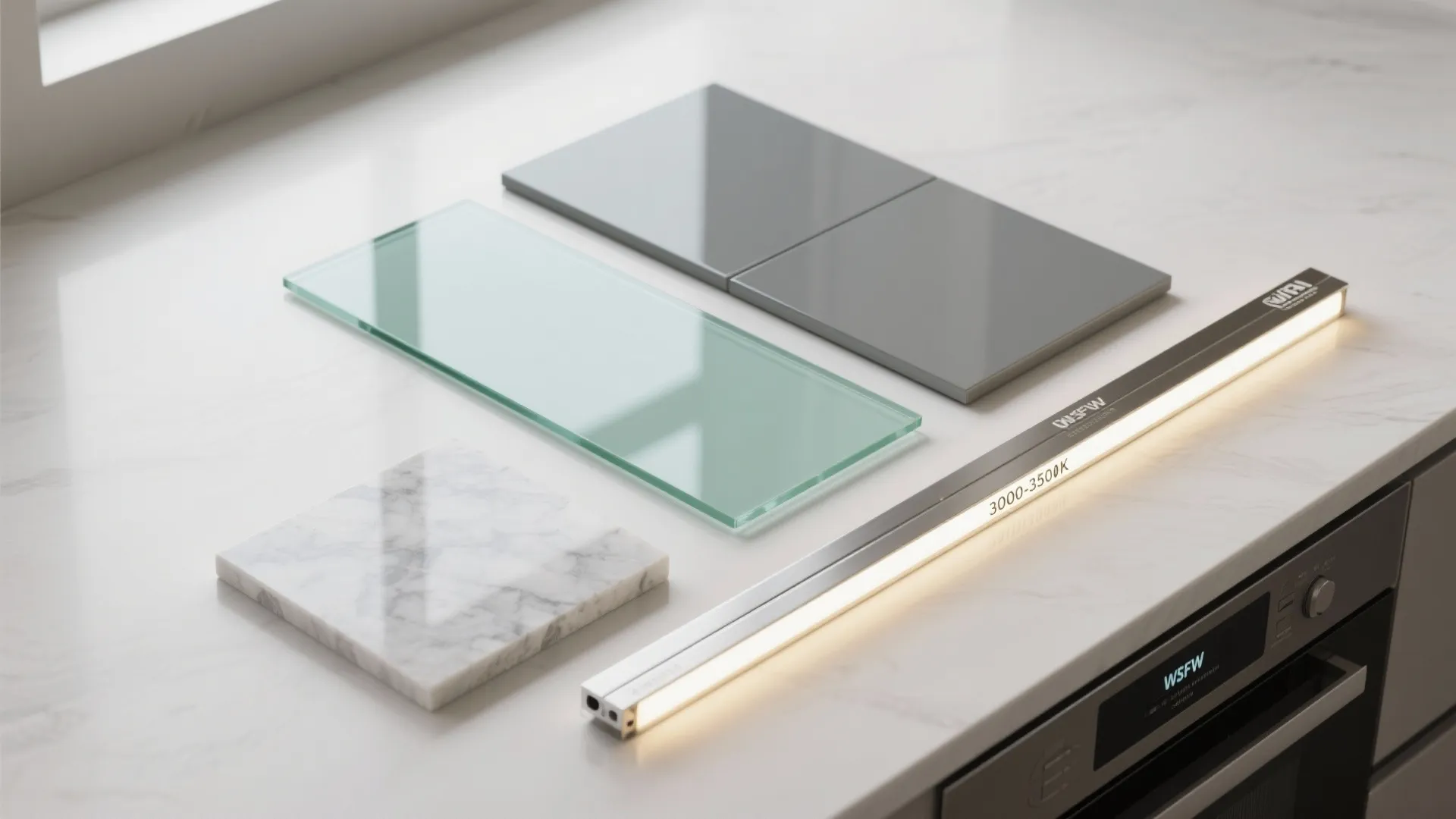 Flat lay of glass, lacquer, polished quartz, stainless, and warm LED strip samples.