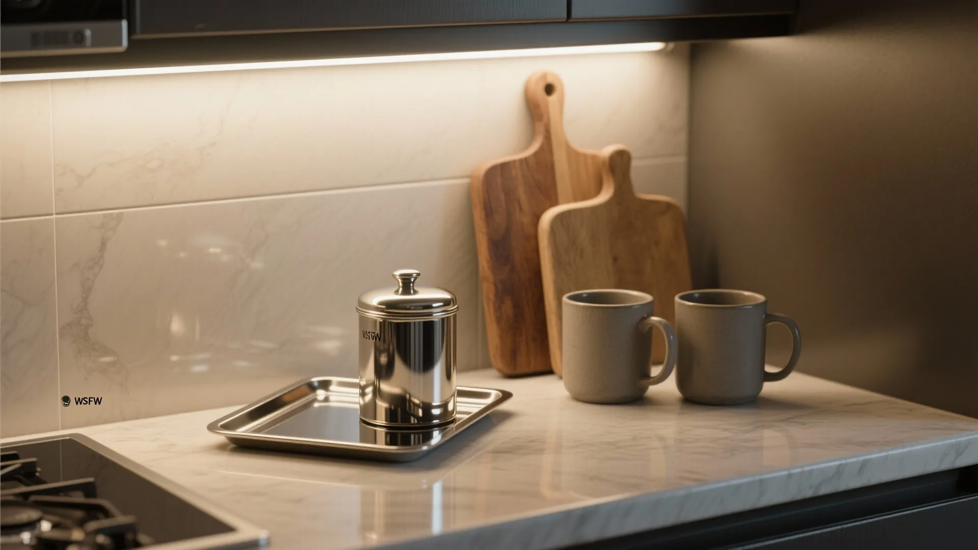 Kitchen counter with reflective metal tray, chrome container, two grey mugs, and wooden cutting boards