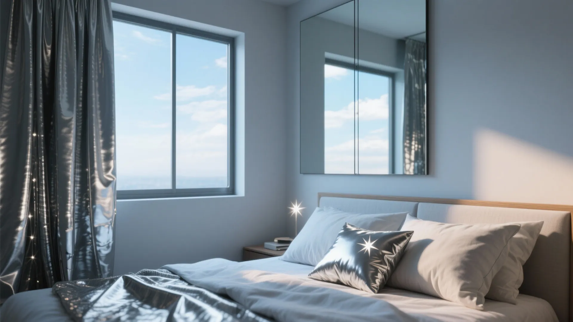 Modern bedroom with large wall mirror, window showing blue sky, bed with shiny silver pillows