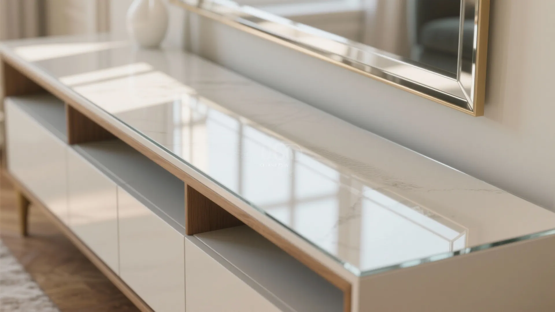 Modern white and wood storage cabinet with reflective marble top surface and gold wall mirror