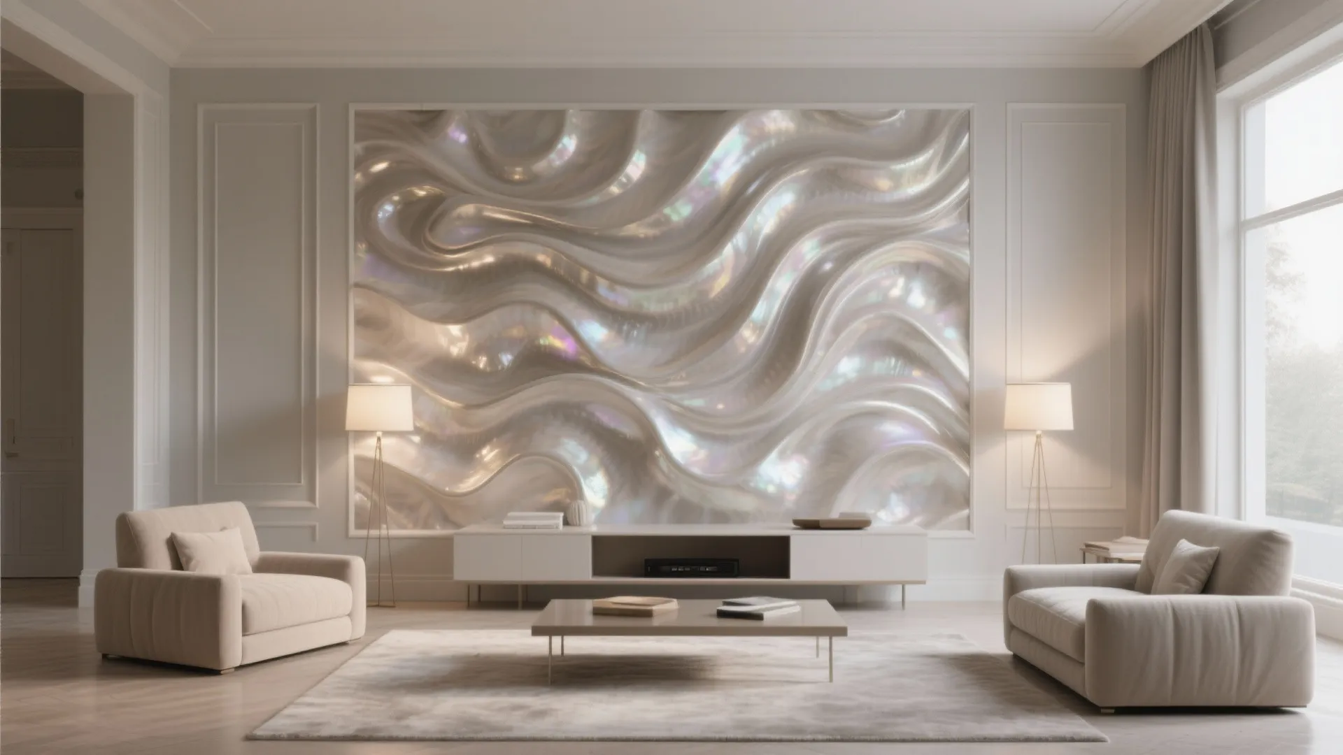 Bright living room with glossy wave wall panel white cabinet two armchairs and large floor window