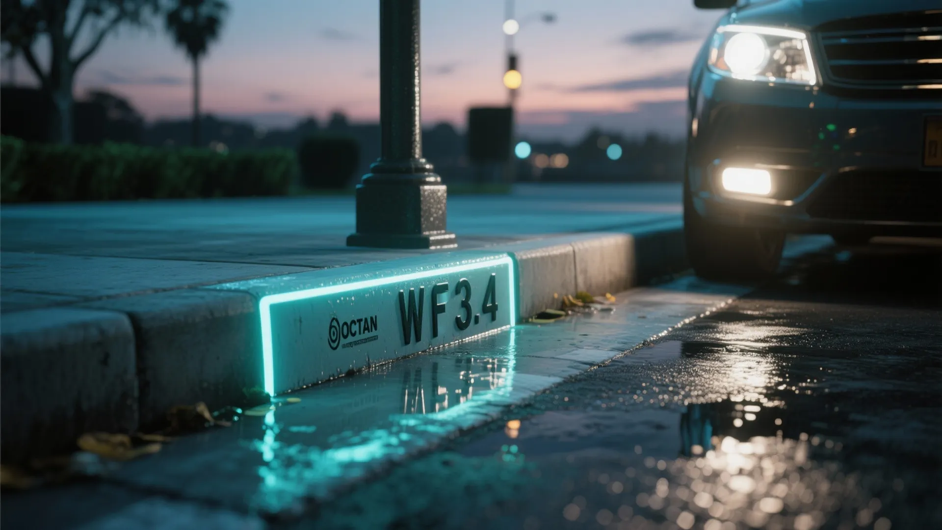 Curb numbers with reflective paint and glow strips visible under low light and headlight reflection.