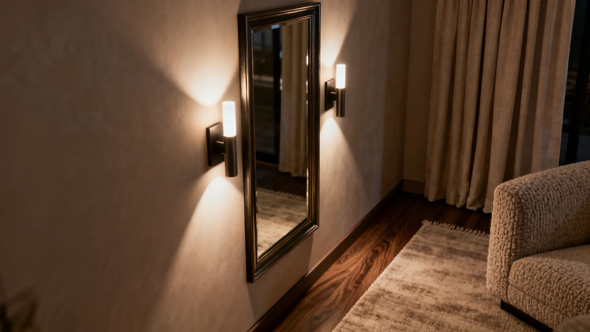 Mirror and satin finishes gently reflect sconce light over a mid-tone rug and textured fabrics.