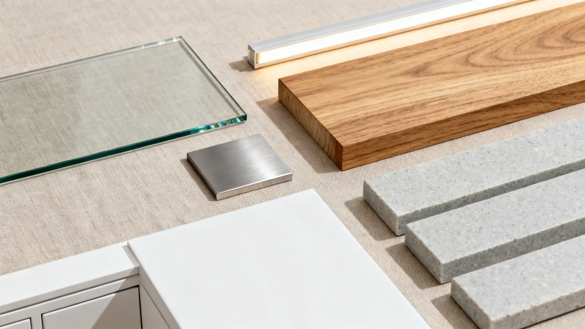 Flat lay with low-iron glass, satin metal, white lacquer, oak veneer, LED strip, and gray stone.