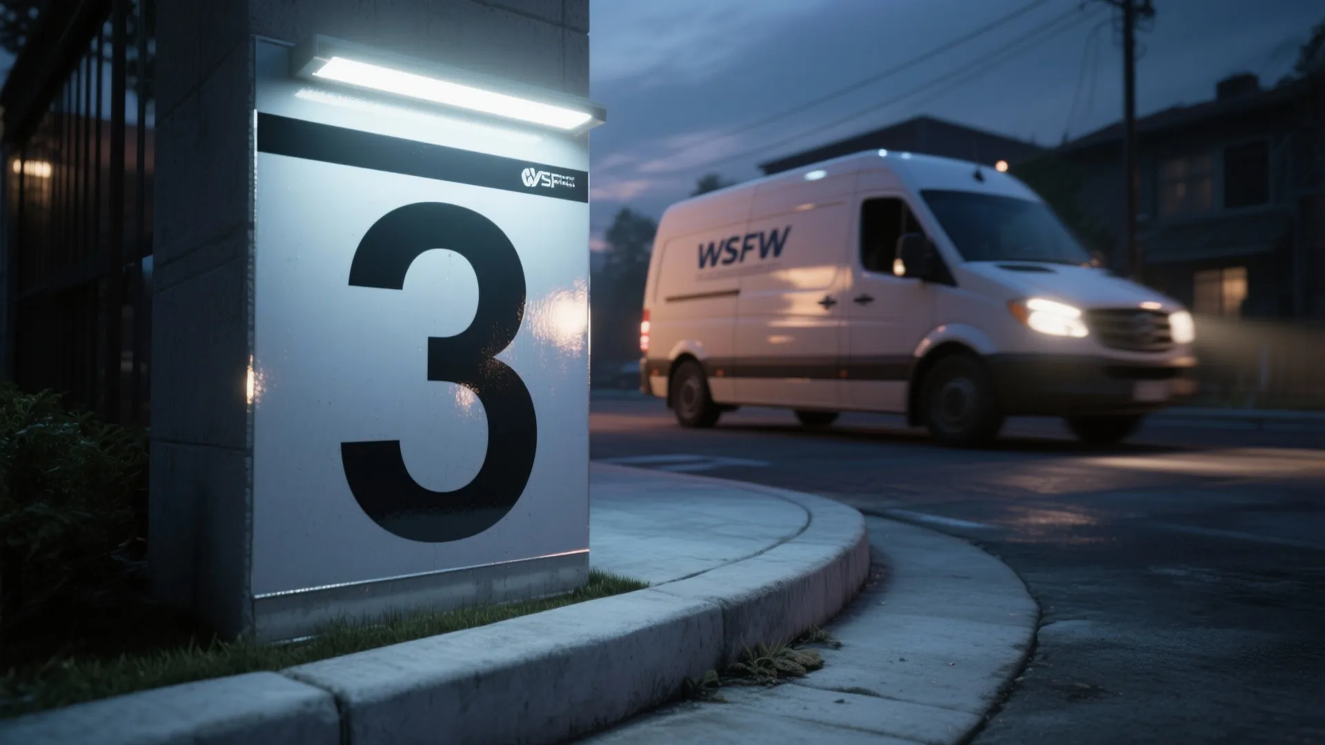 Reflective illuminated house number sign on gate pillar at night with delivery van driving past