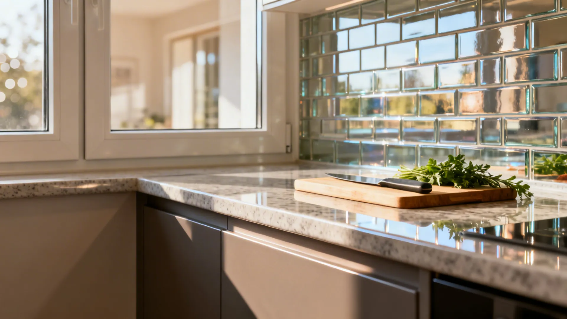 Macro of glossy backsplash and polished quartz reflecting daylight at window prep zone.