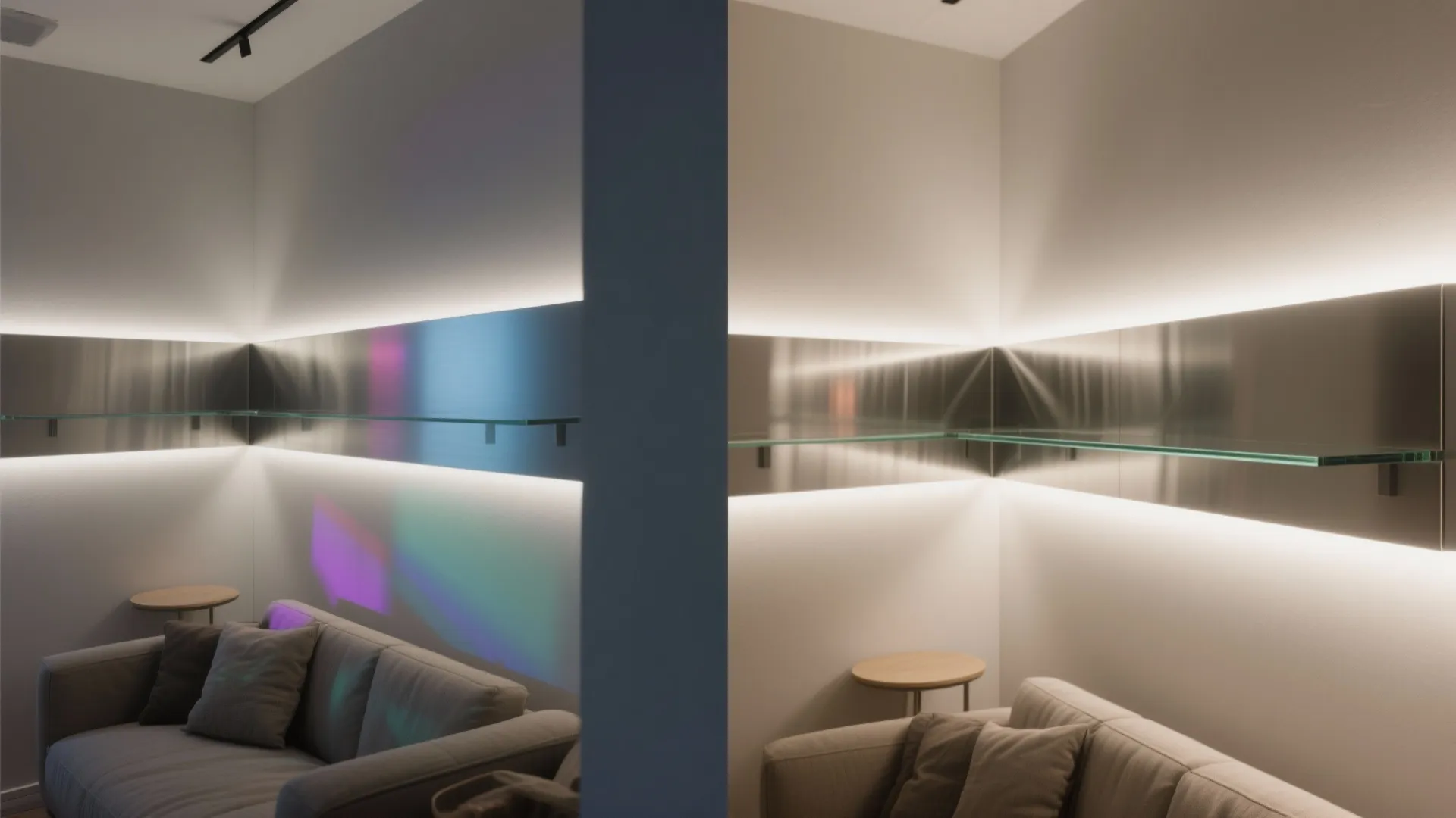 Before/after showing exposed RGB strip versus clean glow with aluminum channel and glass reflection.