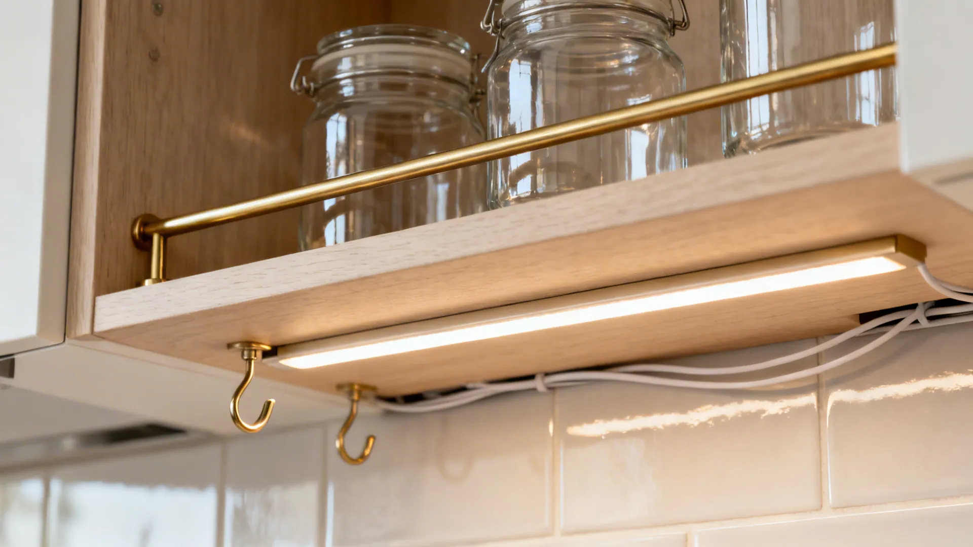 Brushed brass rail and clear glass jars on a shelf with warm under-shelf LED lighting.