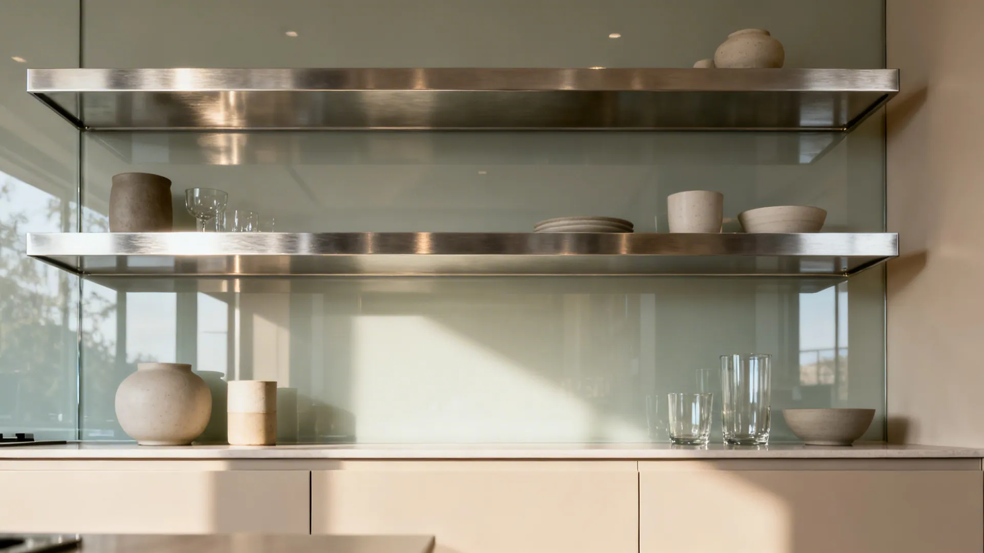 1) Minimalist Storage with Reflective Surfaces