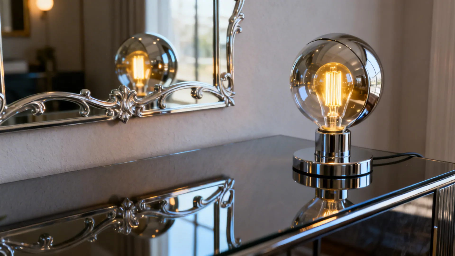 Reflective tabletop, mirror and a smart bulb demonstrating how surfaces and tunable light increase perceived space.