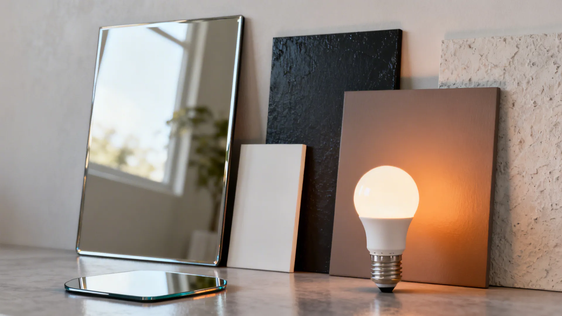 Material flatlay of mirror, glossy and matte swatches, and a tunable smart bulb