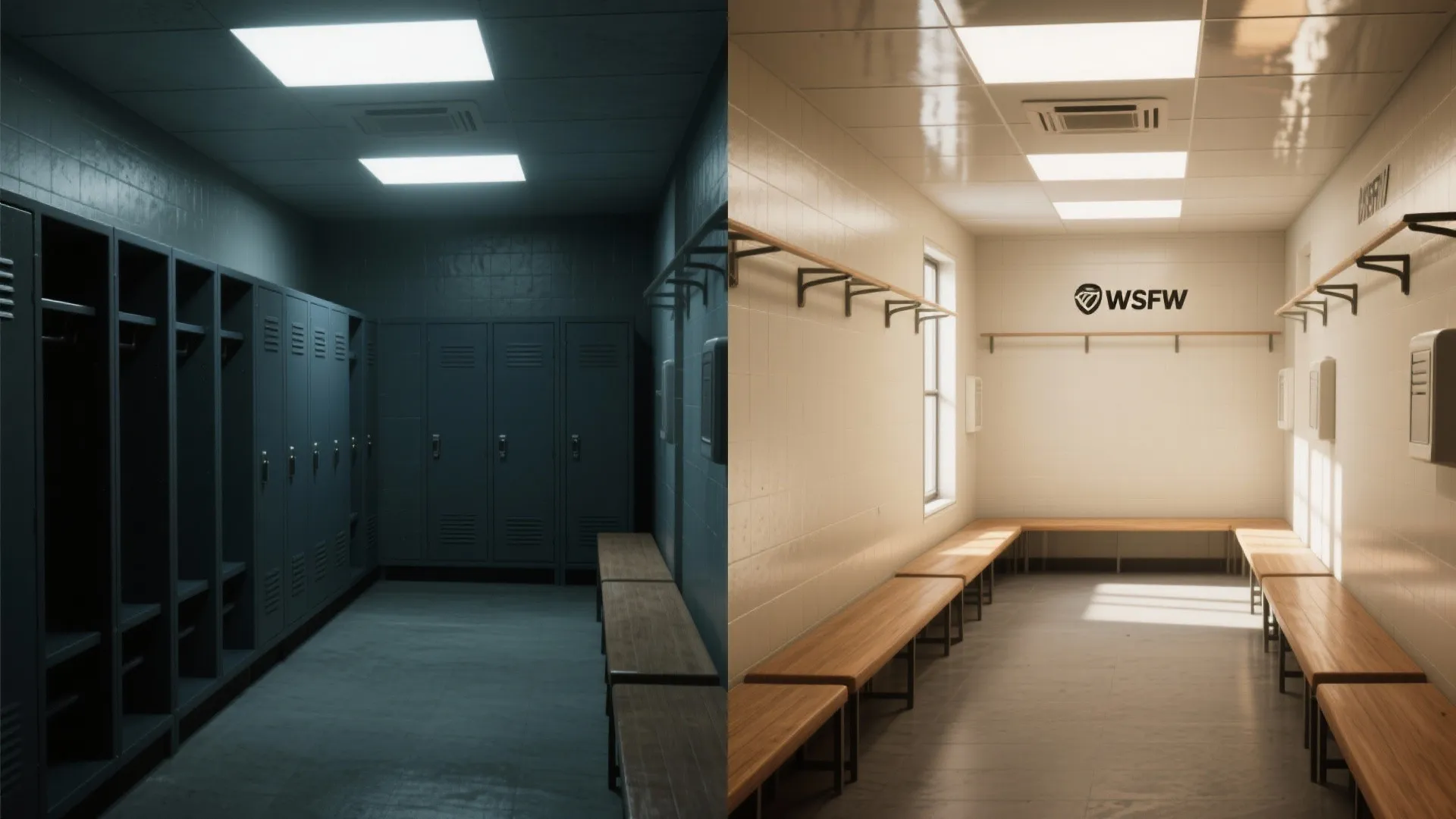 5. Light-reflective neutrals to enlarge compact locker rooms